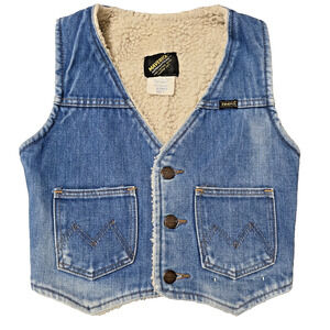 Vintage Maverick Boys Denim Sherpa Vest Size S (6-8) Made in USA Blue Bell 70s